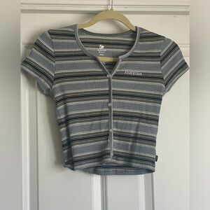 Five Star General Medium Black Grey White Olive Green Stripe Ribbed Button Top